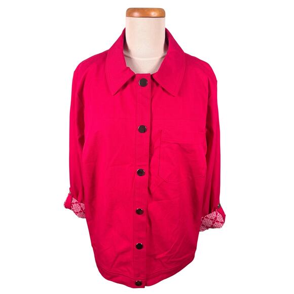 Chico's Shirt Jacket Womens XLPink Lined Button Front Roll Tab Sleeve Casual - Picture 1 of 12